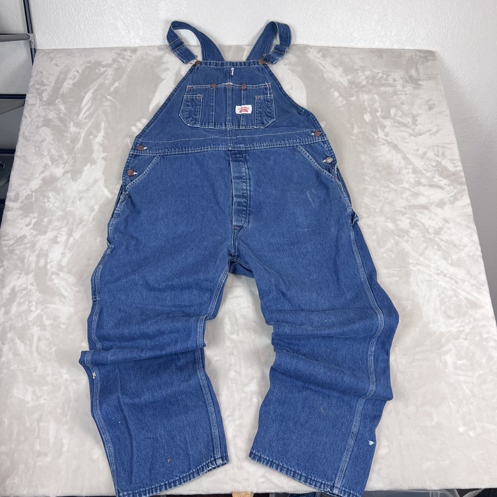 Vintage Round House Bib Overalls Mens 42x30 Blue Denim Carpenter Workwear Farm